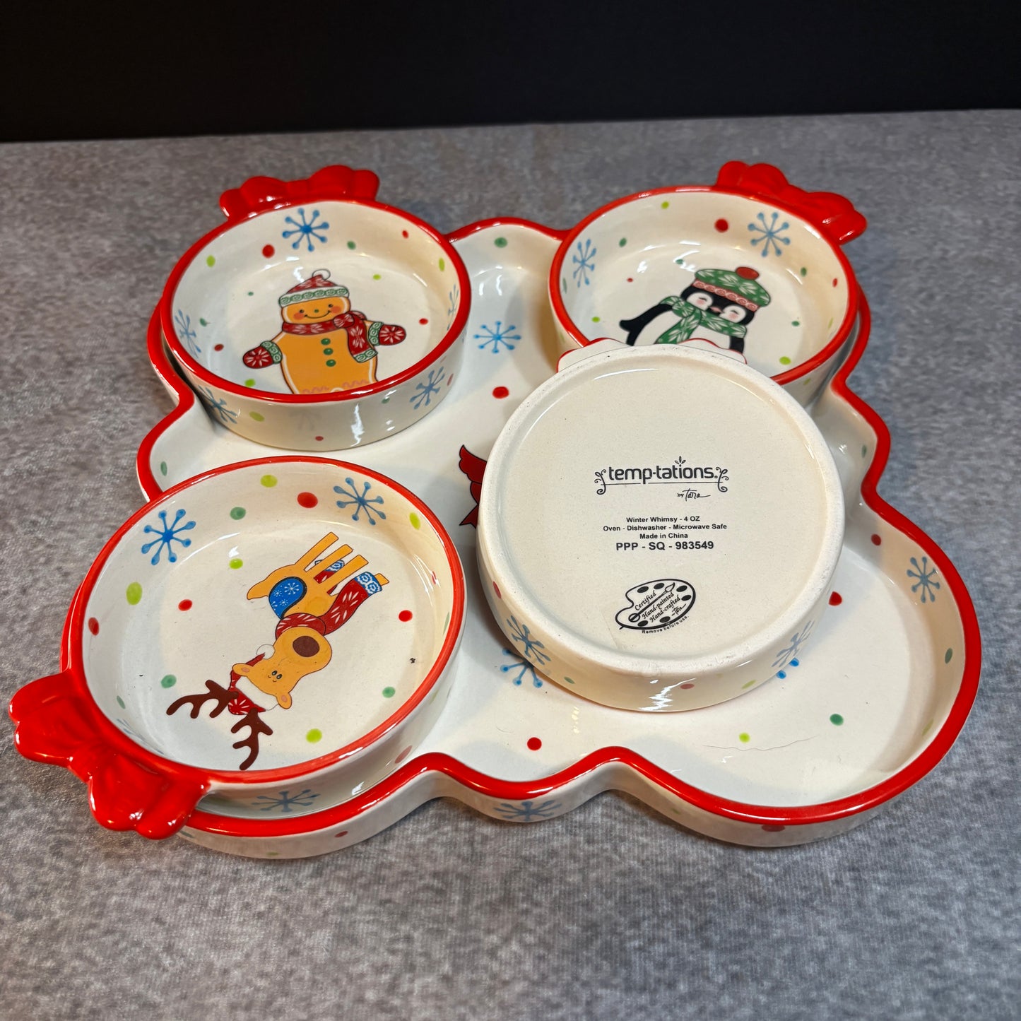 Temptations Winter Whimsy Serving Set Appetizer Tray w/4 Tidbit Snack Dishes