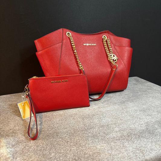 Red Michael Kors Leather Purse And Matching Wallet